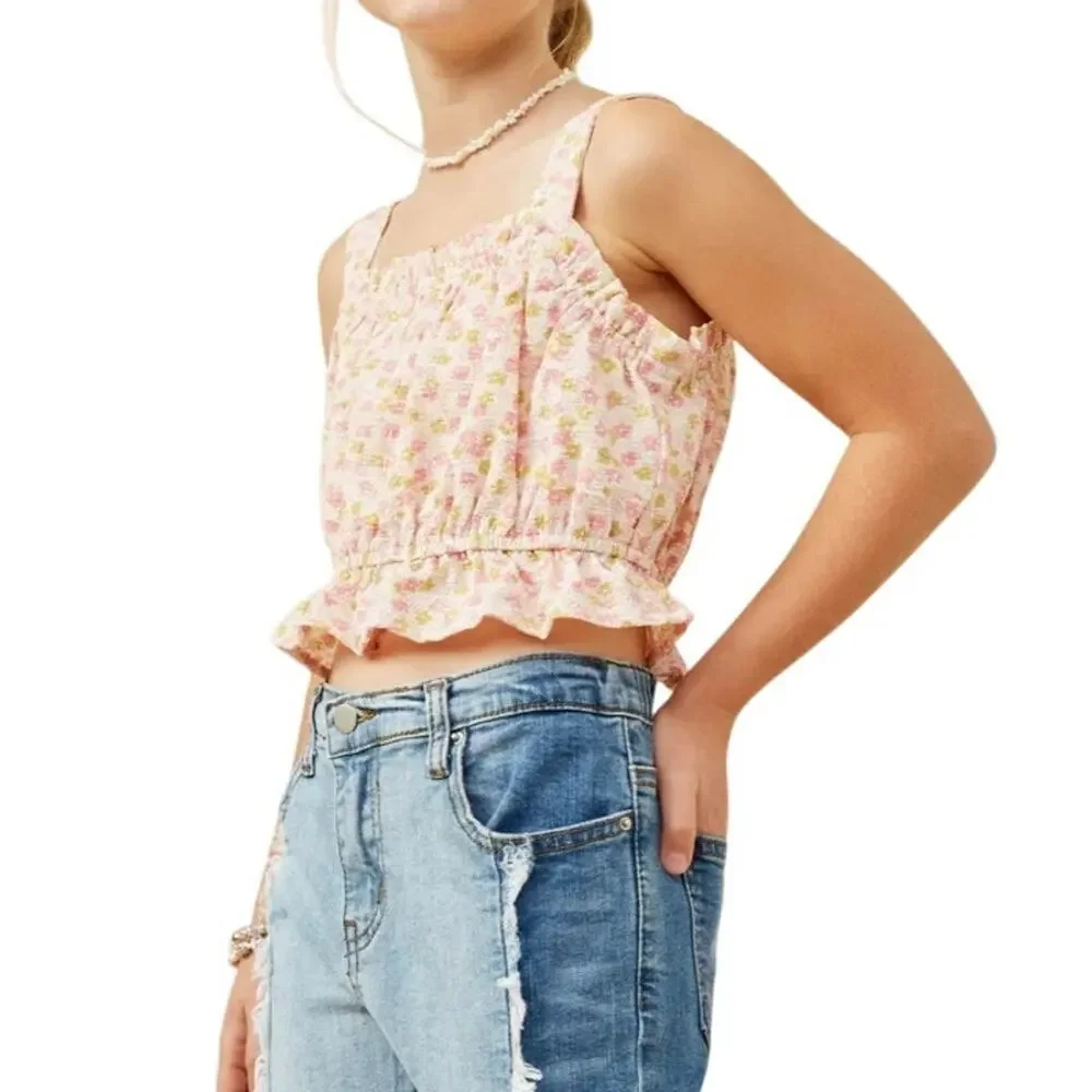 Hayden Crop Balloon Tank Top Girl L Pink Textured Ditsy Floral Cottage Tween NEW